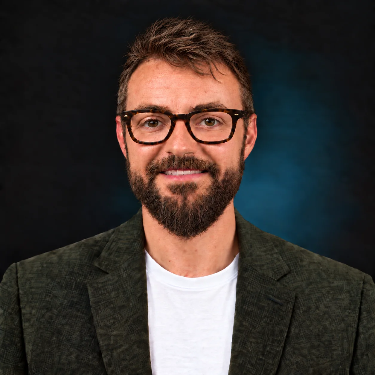 Sean Johnson smiling against a dark background, wearing glasses and a green jacket.