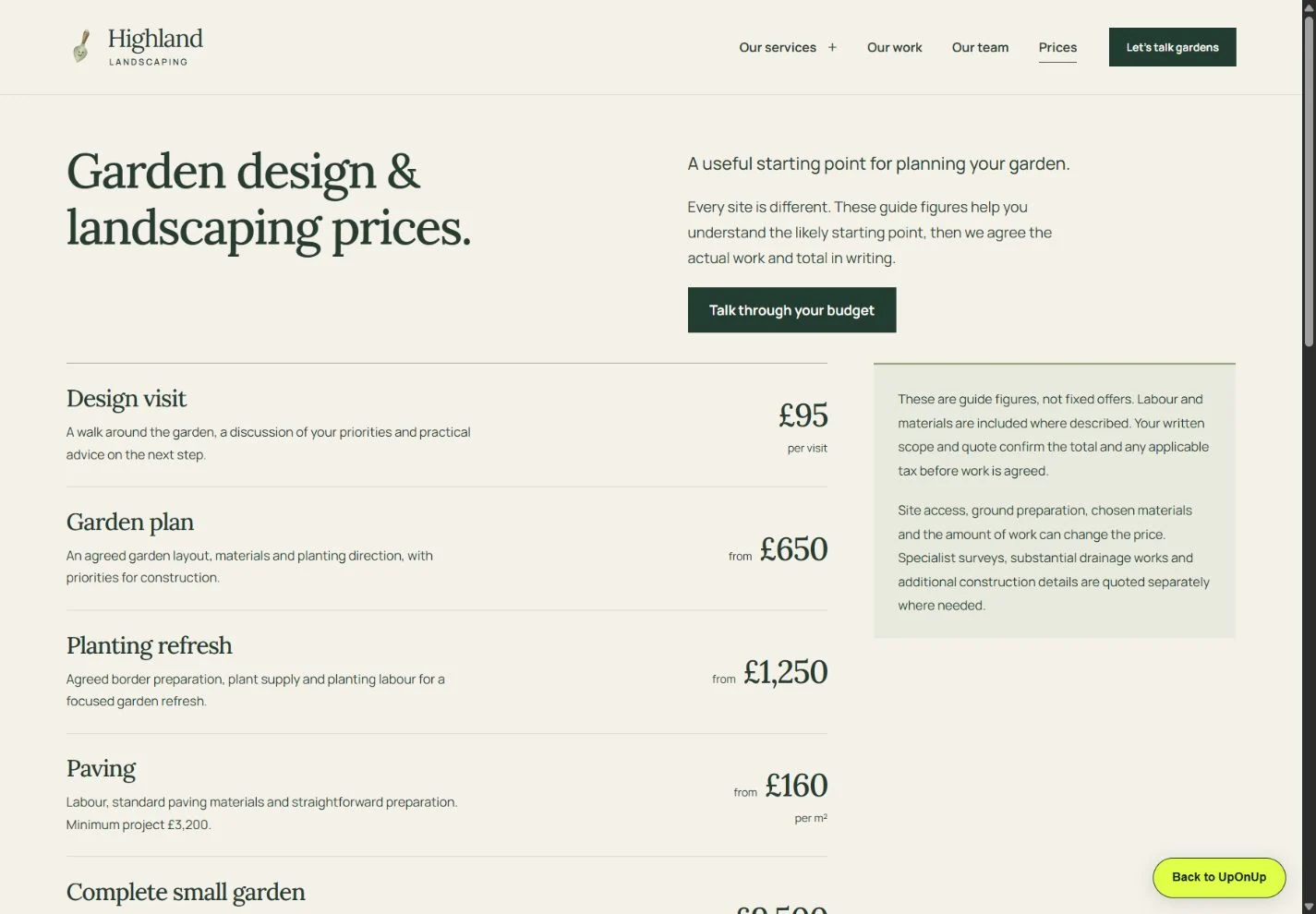 Highland Landscaping service and price guide, showing what customers can check before enquiring