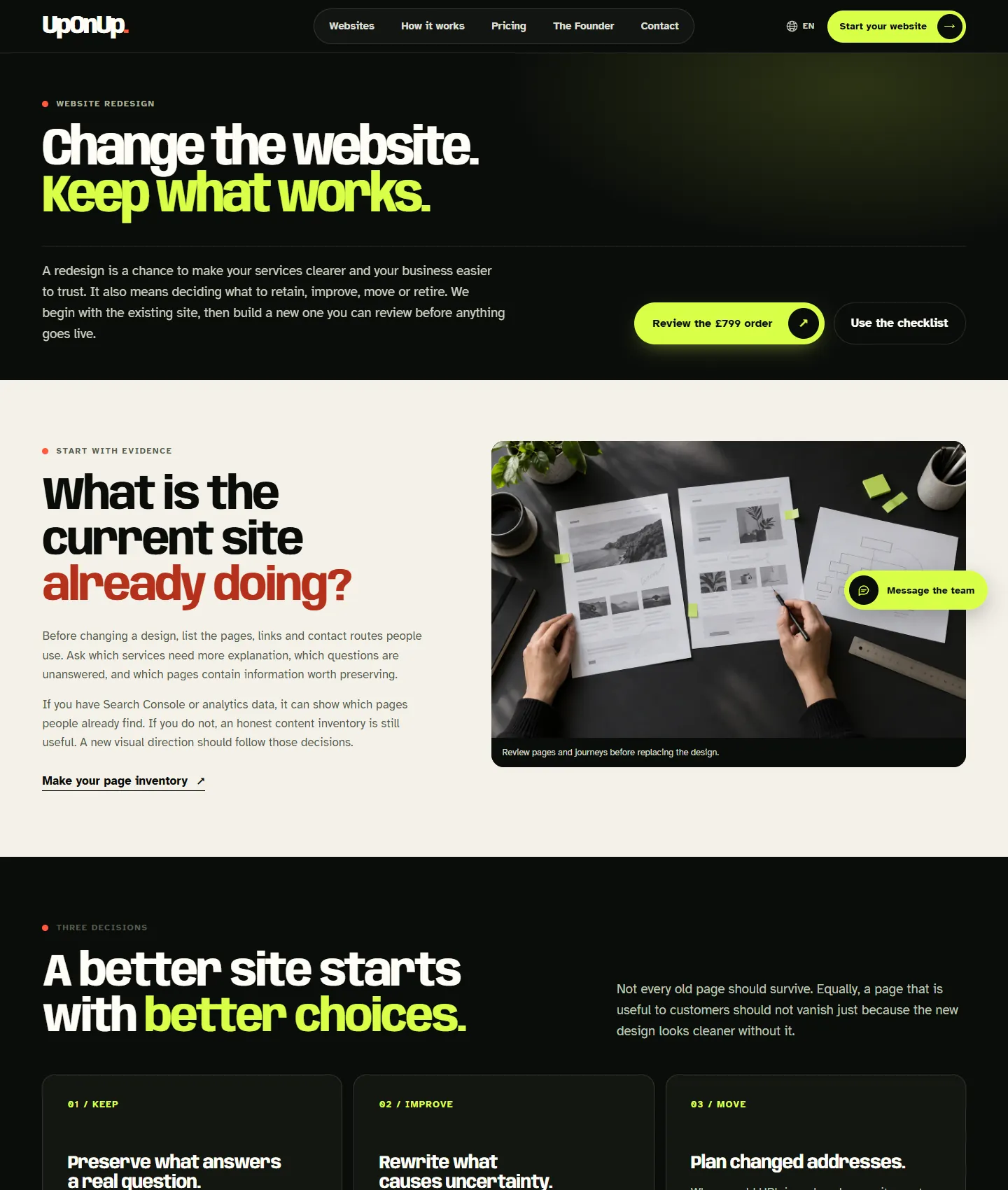 UpOnUp website redesign page showing a clear opening, order action and guidance on preserving useful pages.