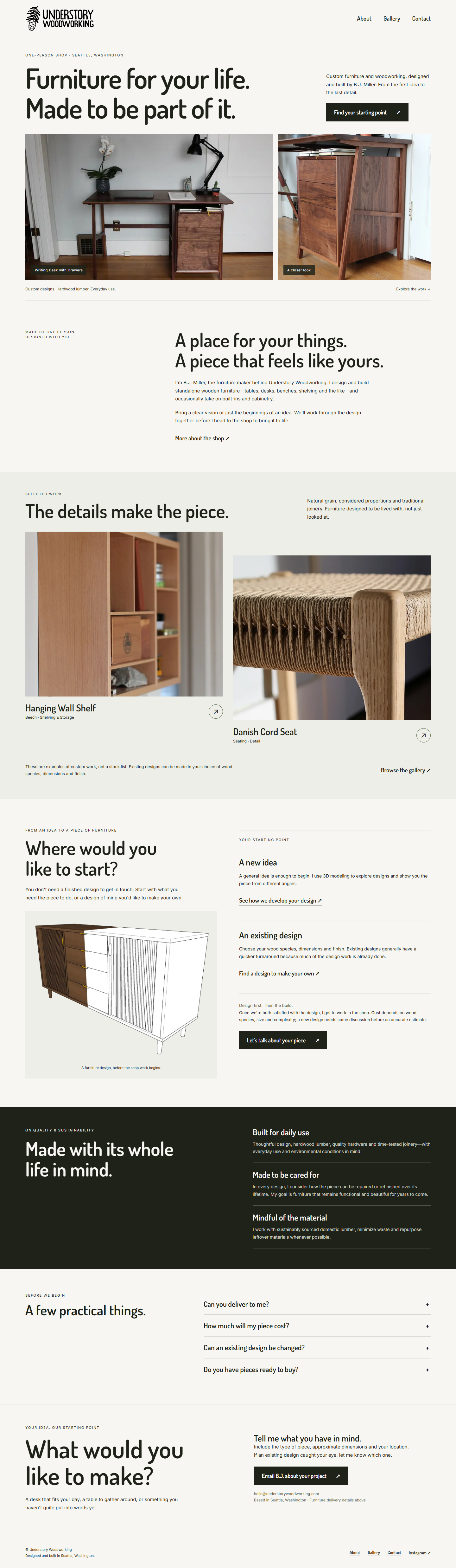 Understory Woodworking homepage showing furniture photography, the maker’s approach and a project starting point.